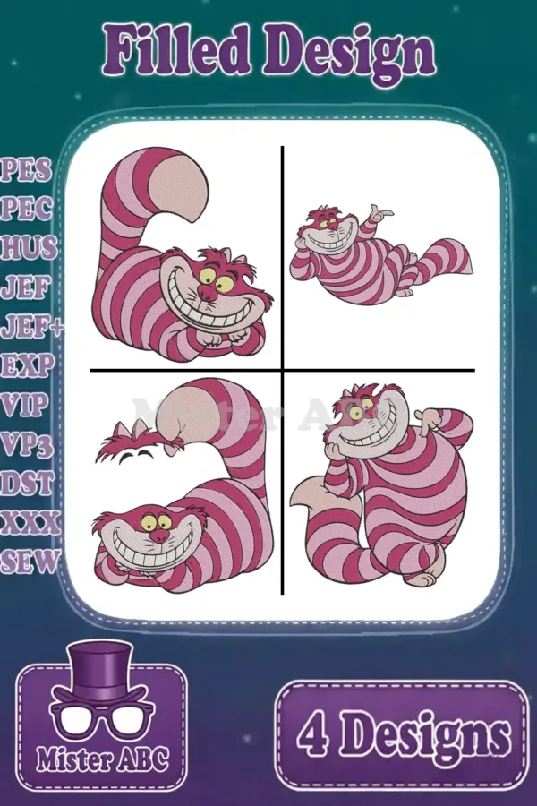 A vibrant collection of four Cheshire Cat filled embroidery designs, showcasing various playful poses and file formats.