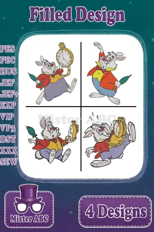 A vibrant grid showcasing four unique White Rabbit filled embroidery designs from Alice in Wonderland, ready for stitching.