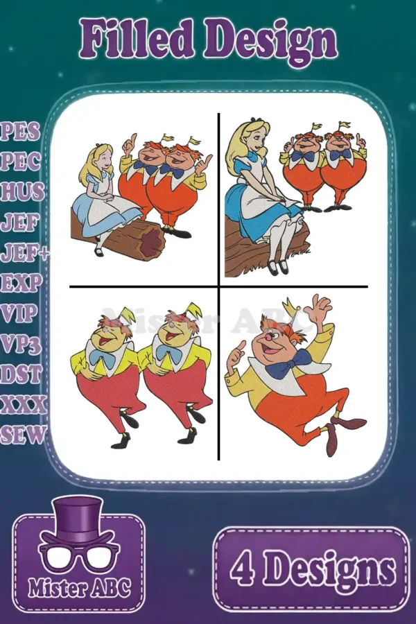 A vibrant collage of four filled embroidery designs featuring Alice, Tweedledee, and Tweedledum from Wonderland.