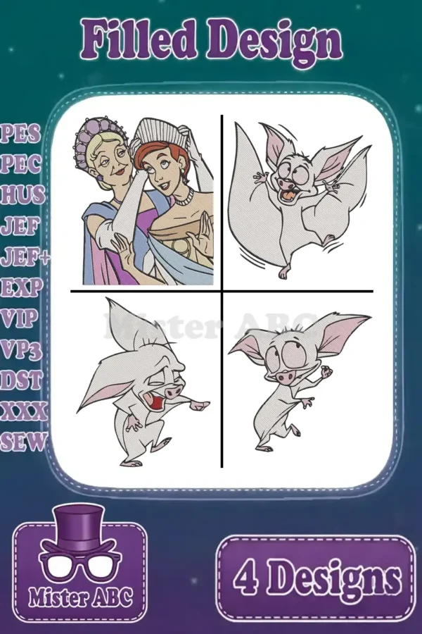 A vibrant embroidery design bundle featuring Anastasia, Empress Marie, and three dynamic poses of Bartok the bat.