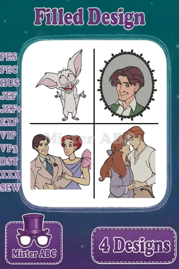 A vibrant display of four filled embroidery designs featuring characters from Anastasia: Bartok, Dimitri, and two romantic scenes.