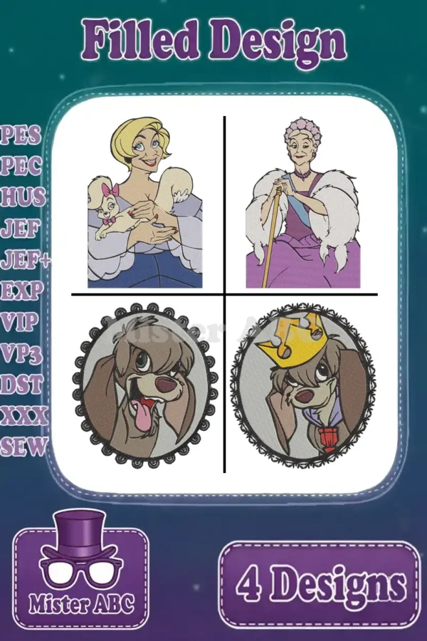 A vibrant collage of four filled embroidery designs: Miss Bianca with Bernard, Madame Medusa, and two charming dogs.