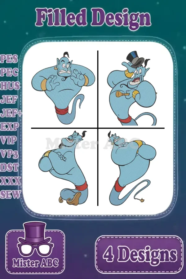 Four vibrant filled embroidery designs featuring Genie from Aladdin in various expressive poses. Includes supported file formats.