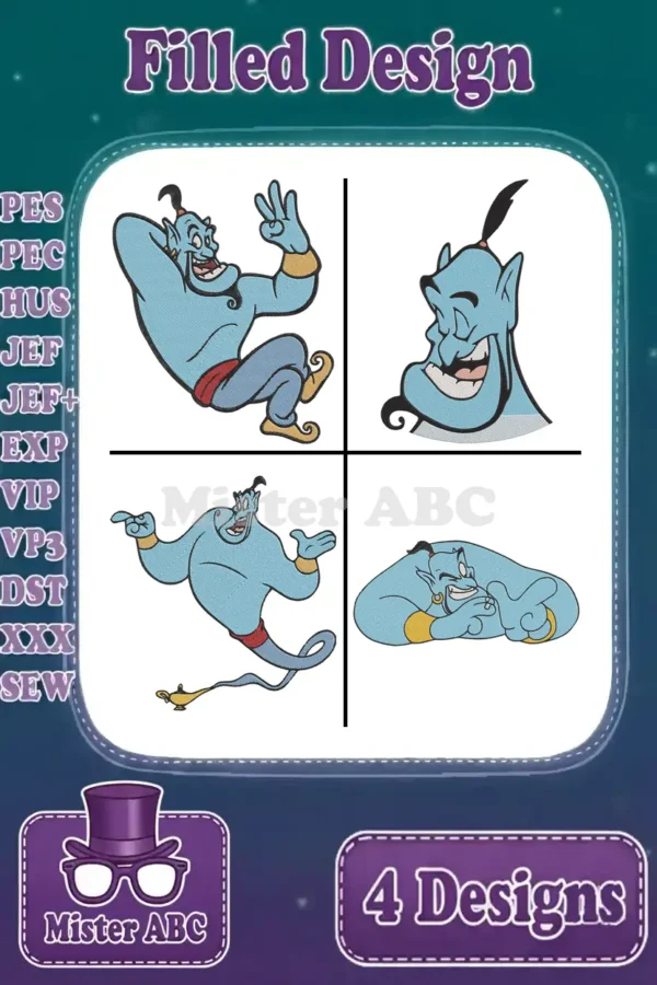 A vibrant collection of four filled embroidery designs featuring Genie in various iconic poses from Aladdin.