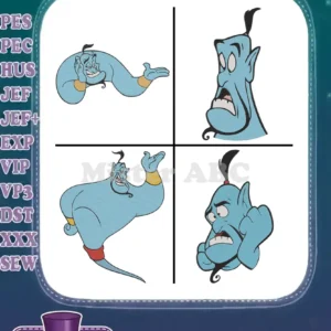 Four distinct filled embroidery designs of the Genie from Aladdin, showcasing various playful expressions and poses.