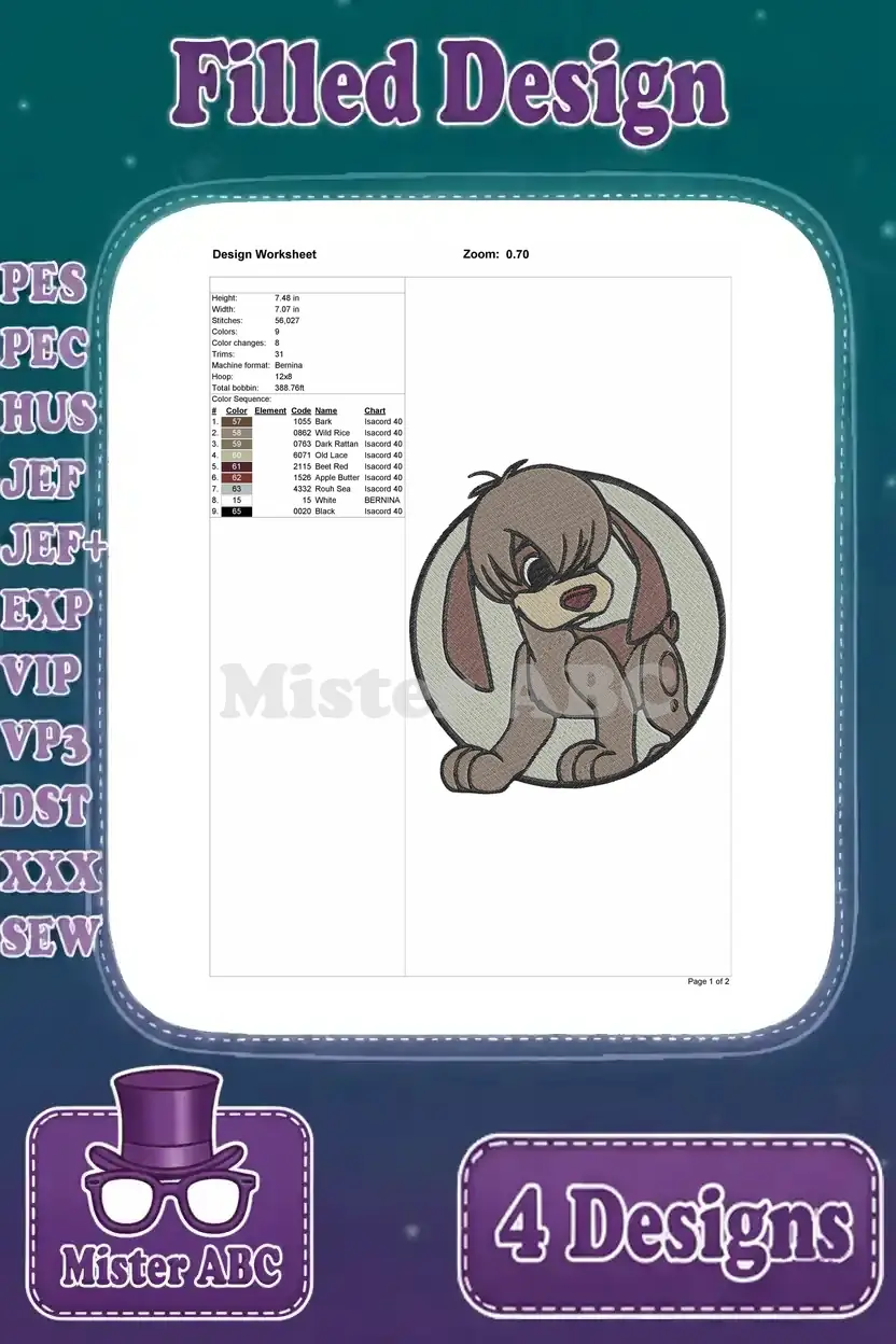 Detailed design worksheet for the first Copper embroidery design, showing dimensions, stitches, and colors.