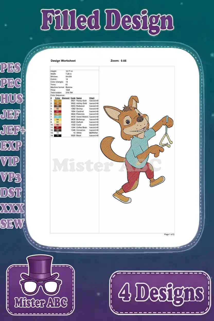 A detailed design worksheet for the filled embroidery of a dog playing a triangle, showing stitch count and colors.