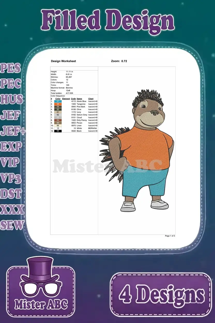 A detailed design worksheet for the filled embroidery of a hedgehog, showing stitch count, colors, and dimensions.