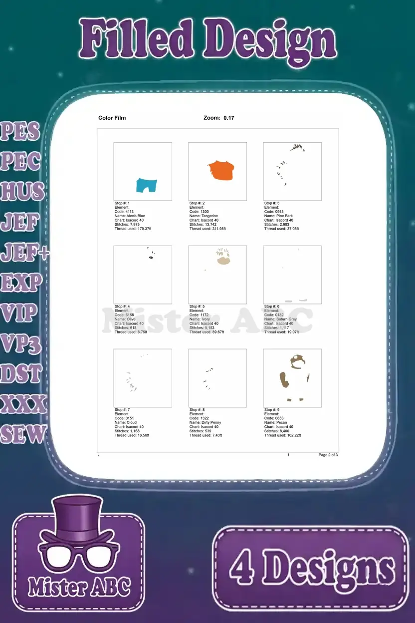 Page 2 of the color film for the hedgehog embroidery, showing sequential stitch blocks for various colors.