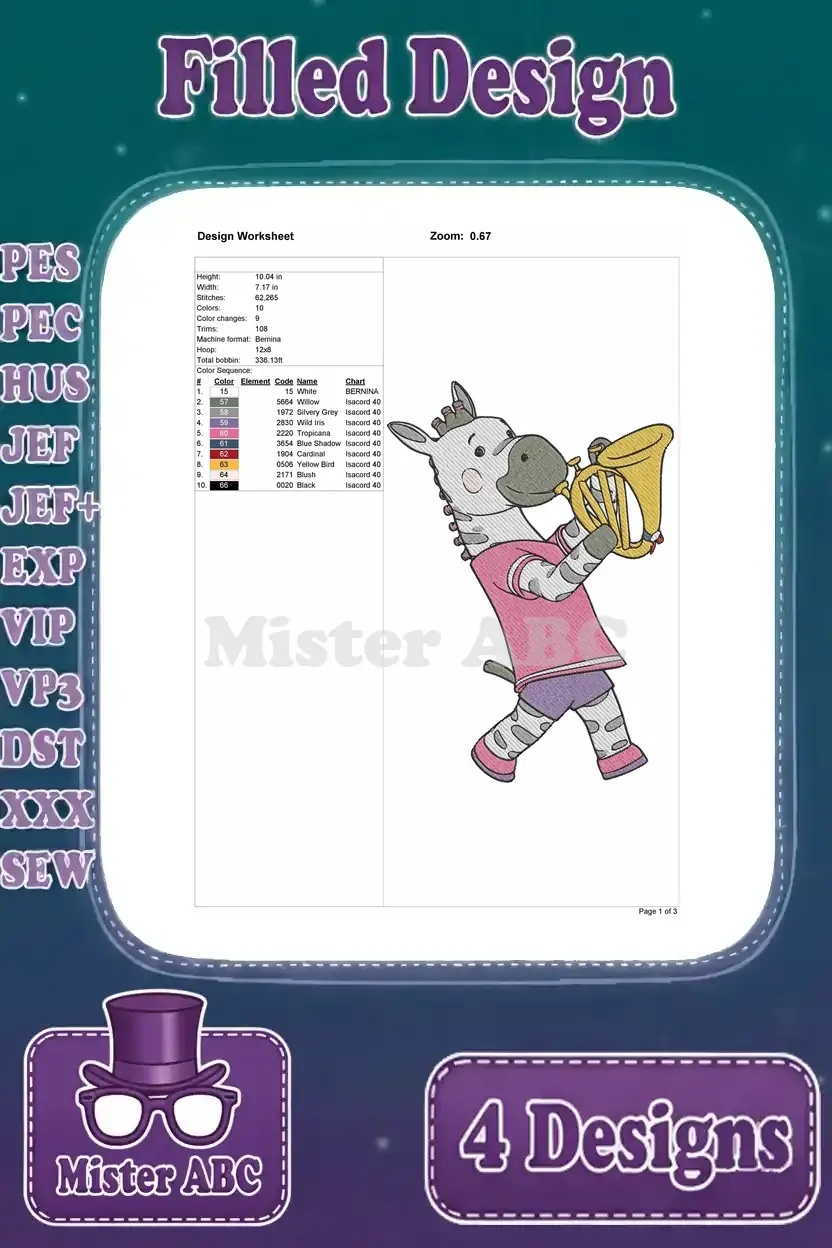 A detailed design worksheet for the filled embroidery of a zebra playing a saxophone, showing stitch count and colors.