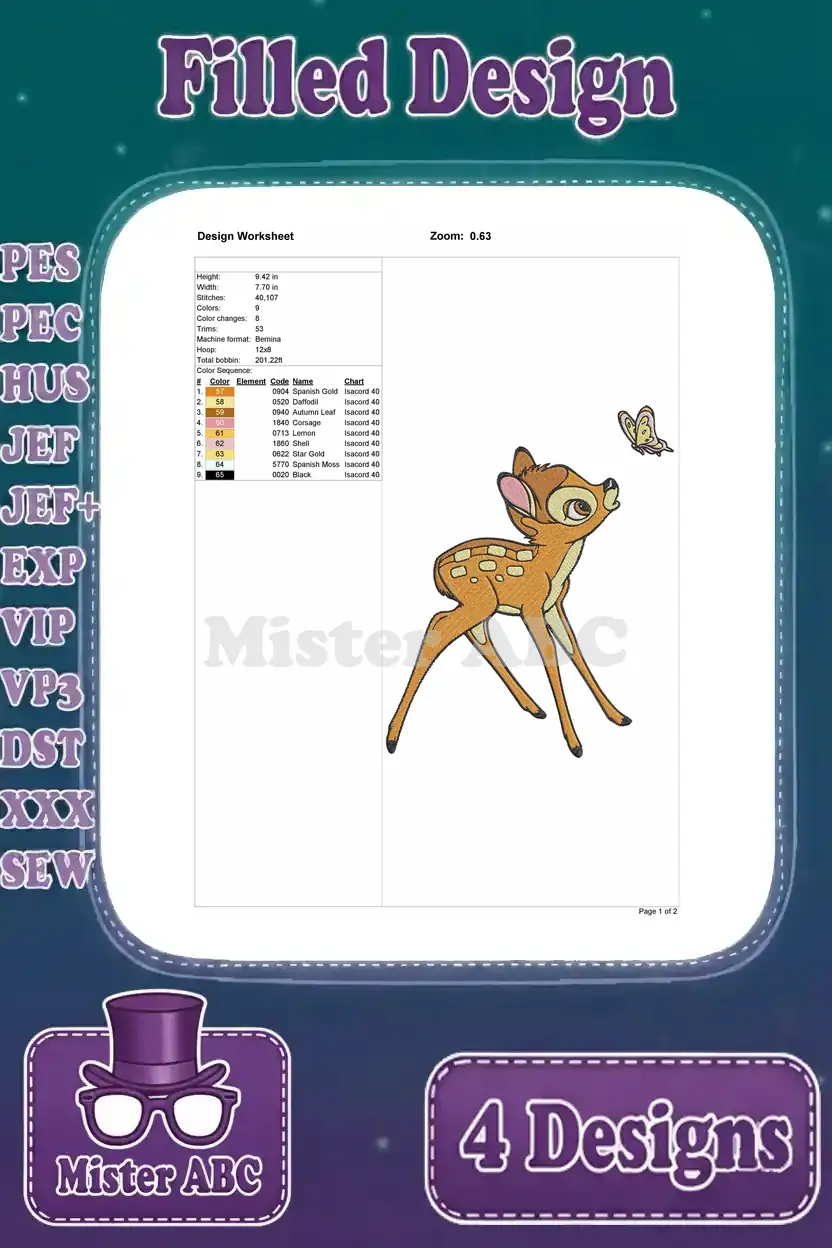 Detailed design worksheet for the first Bambi embroidery, showing stitch count, color sequence, and dimensions for crafting.