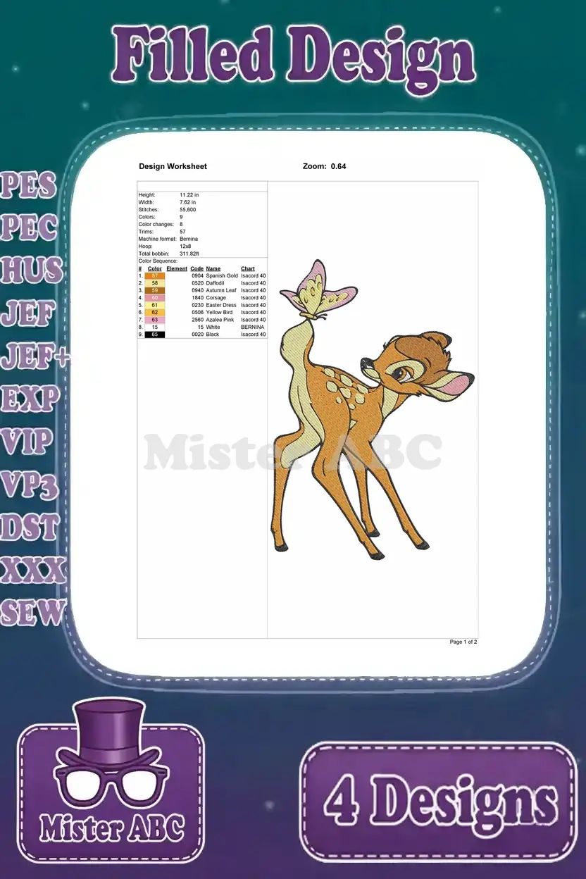 Comprehensive design worksheet for the second Bambi embroidery, detailing stitch count, color sequence, and size.