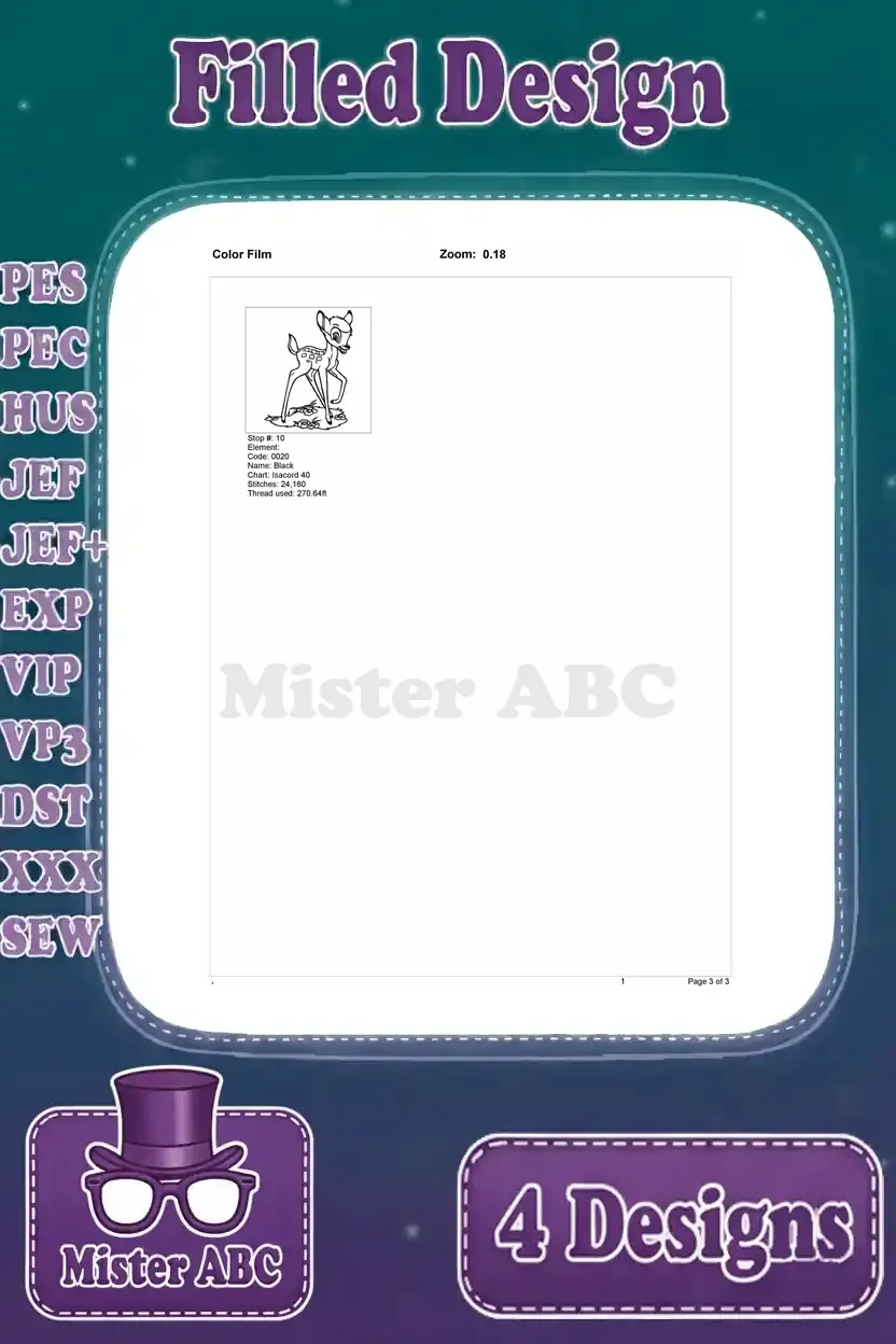 Final page of the color film for the fourth Bambi design, showing the last stitch stops and complete design outline.