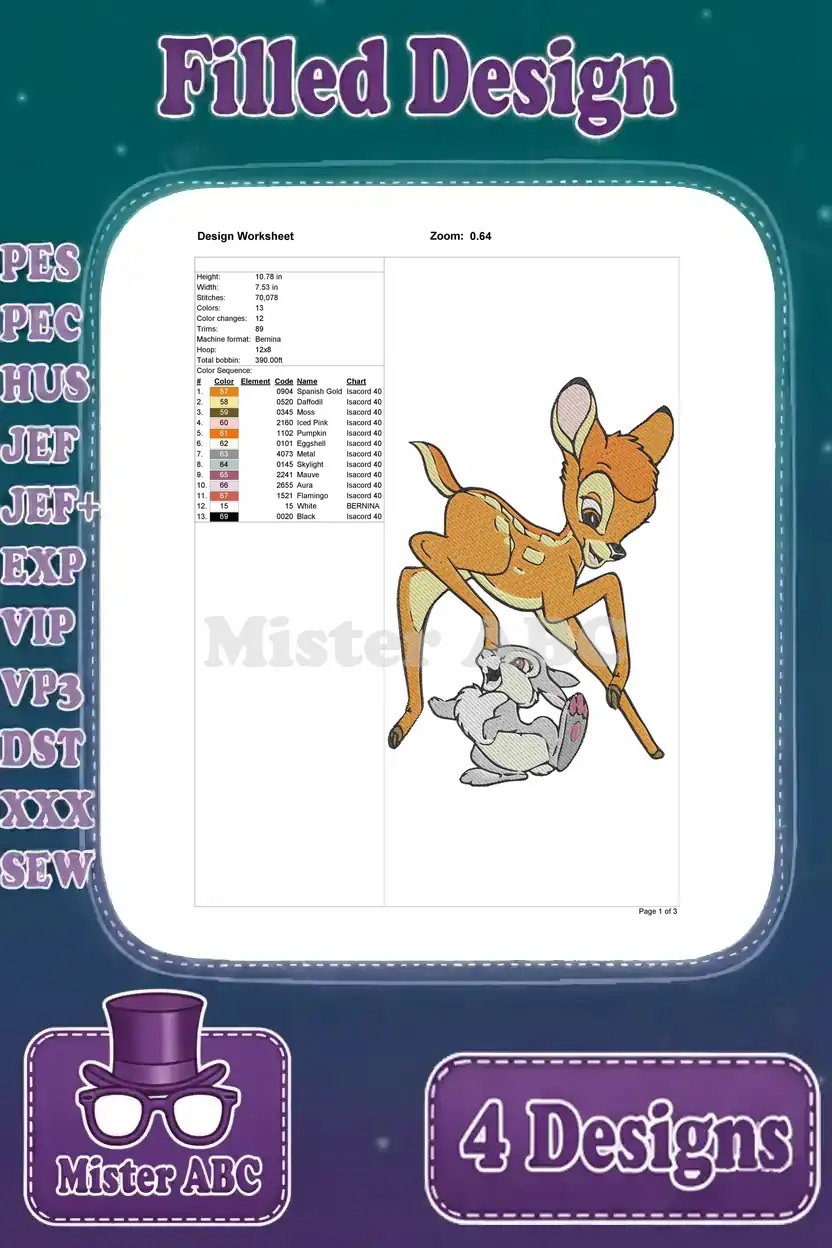 Detailed design worksheet for the first Bambi and Thumper filled embroidery design, showing thread colors and stats.