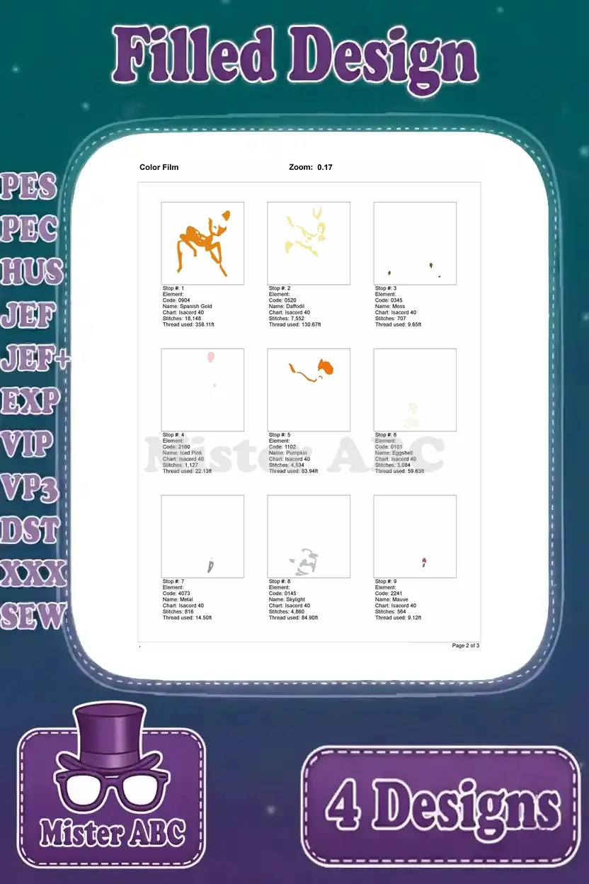 Color film for the first Bambi and Thumper standing embroidery design, detailing individual color application steps.