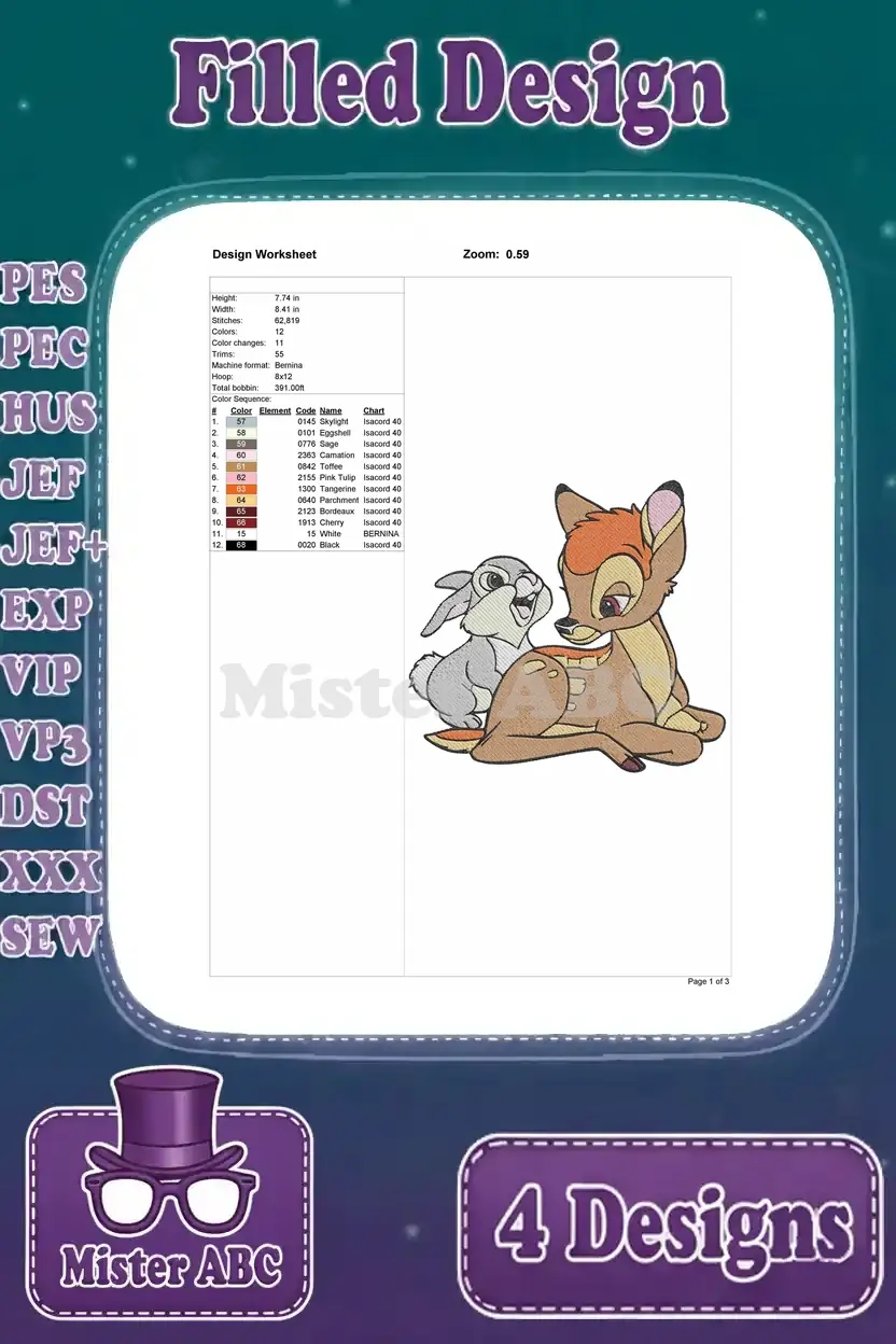 Design worksheet for the second Bambi and Thumper cuddling embroidery design, showing dimensions and thread details.