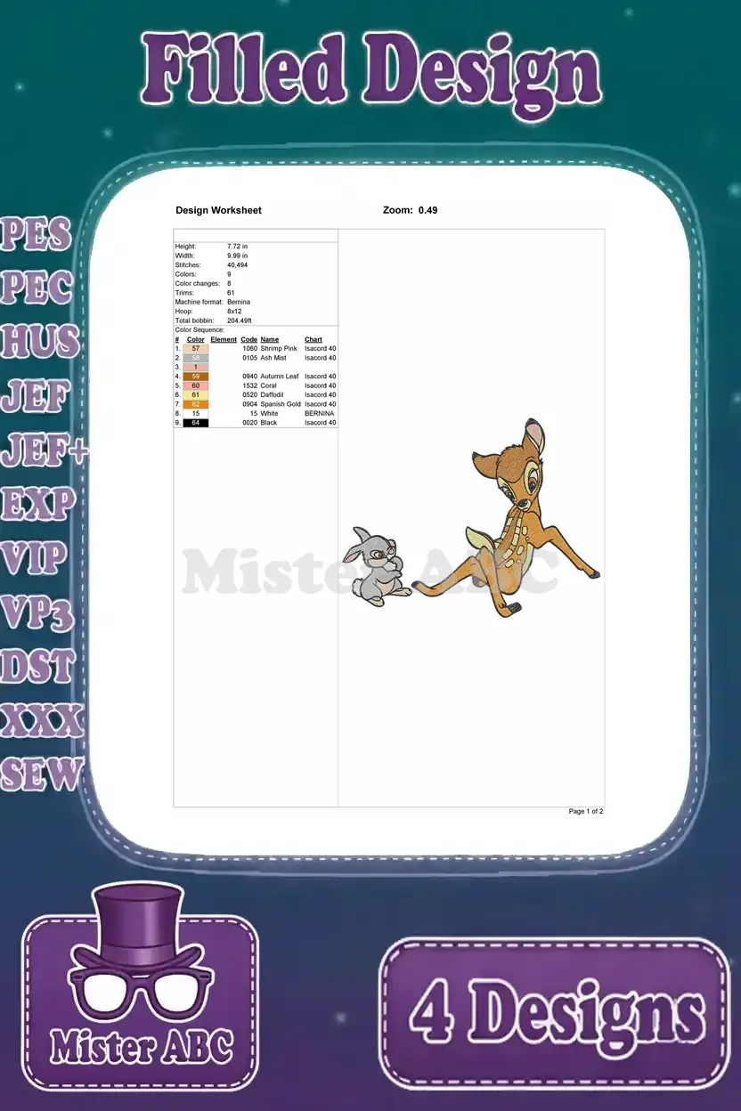 Design worksheet for the third Bambi and Thumper sitting embroidery design, with vital stitch and color information.