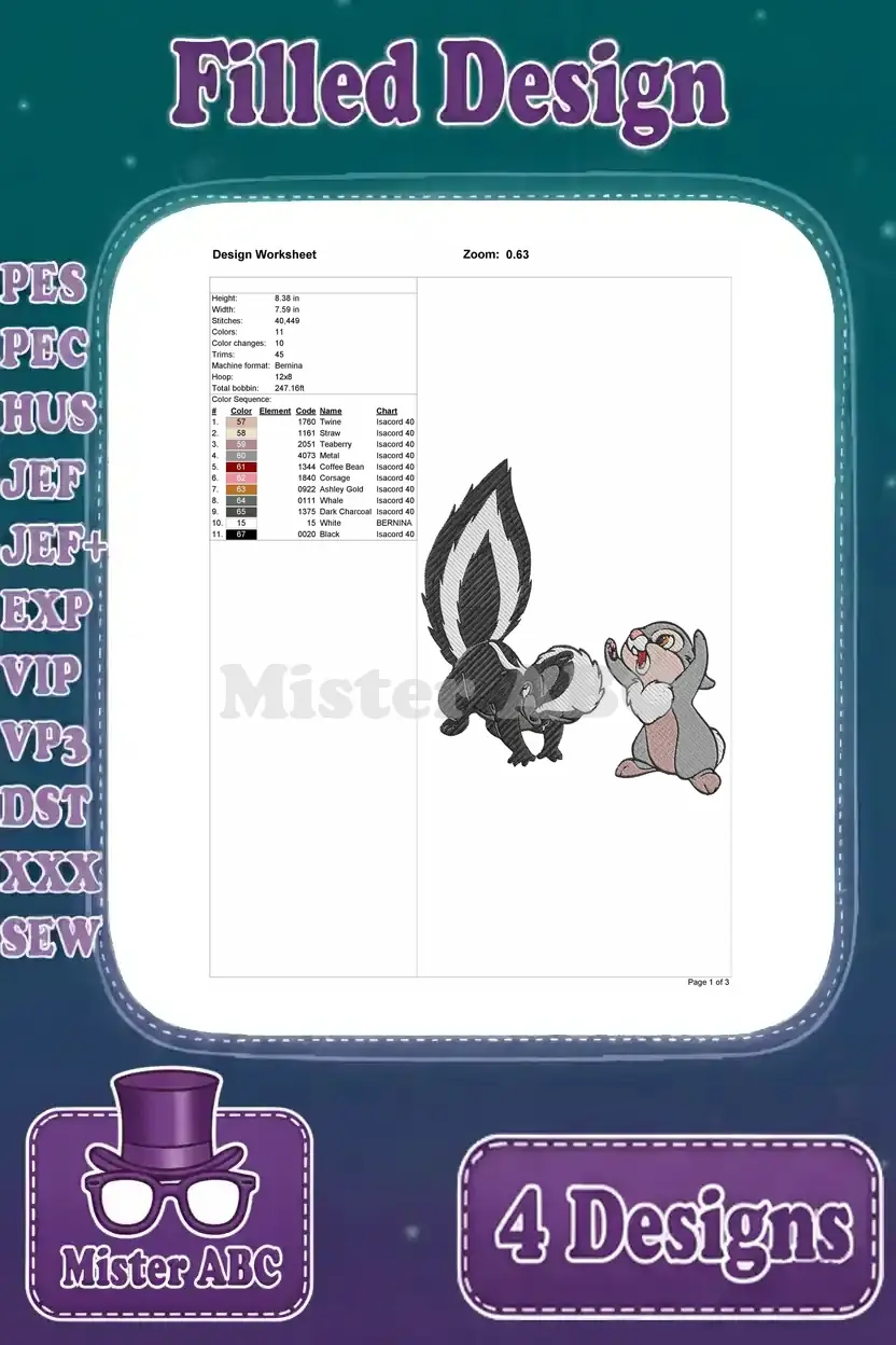 Design worksheet for the fourth Flower and Thumper embroidery design, detailing stitches, colors, and dimensions.