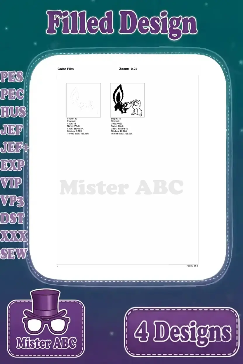 Final page of the color film for the Flower and Thumper embroidery design, completing the intricate color sequence.