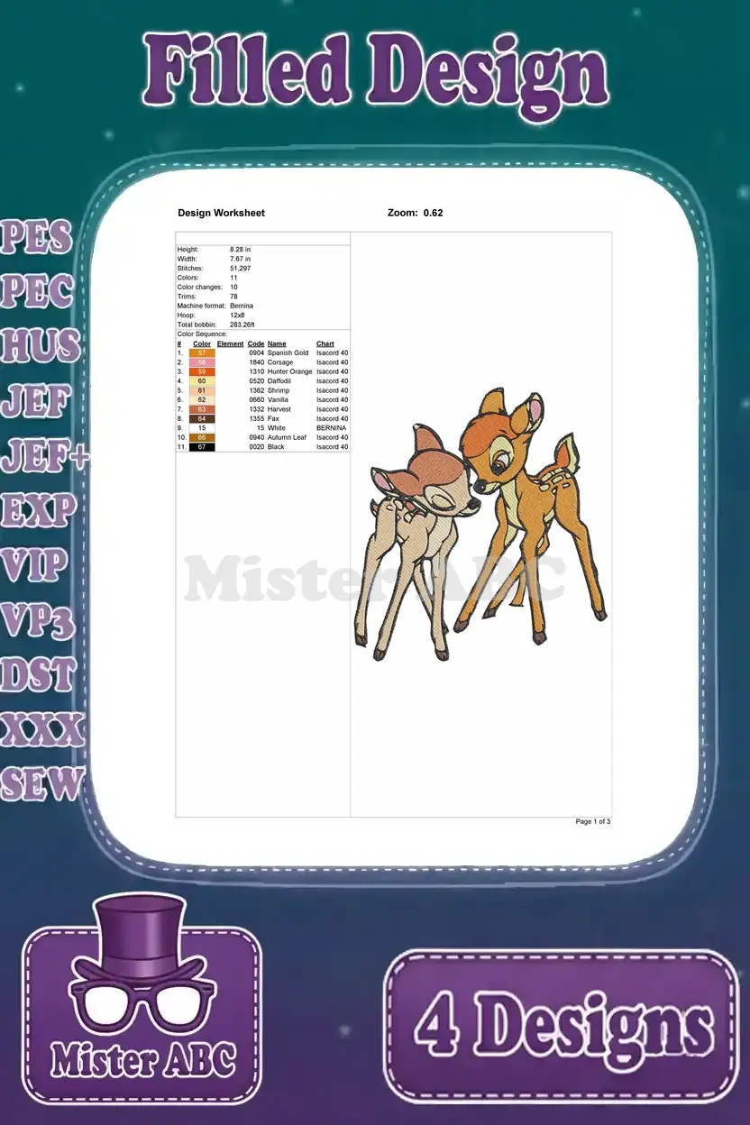 Detailed design worksheet for the first Bambi embroidery design, showing thread colors, stitch count, and dimensions.