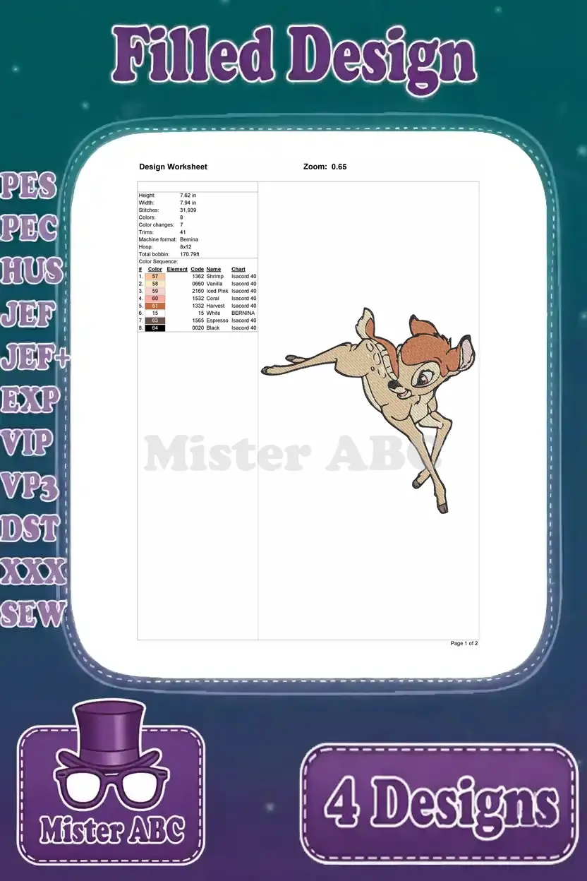 Design worksheet for the second Bambi embroidery design, showing technical specifications like stitch count and colors.