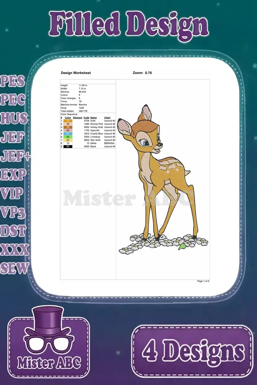 Design worksheet for the third Bambi embroidery design, detailing stitch count, dimensions, and thread colors.