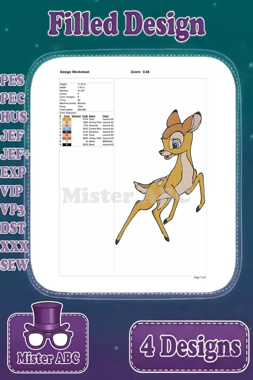 Design worksheet for the fourth Bambi embroidery design, providing stitch counts, dimensions, and color details.