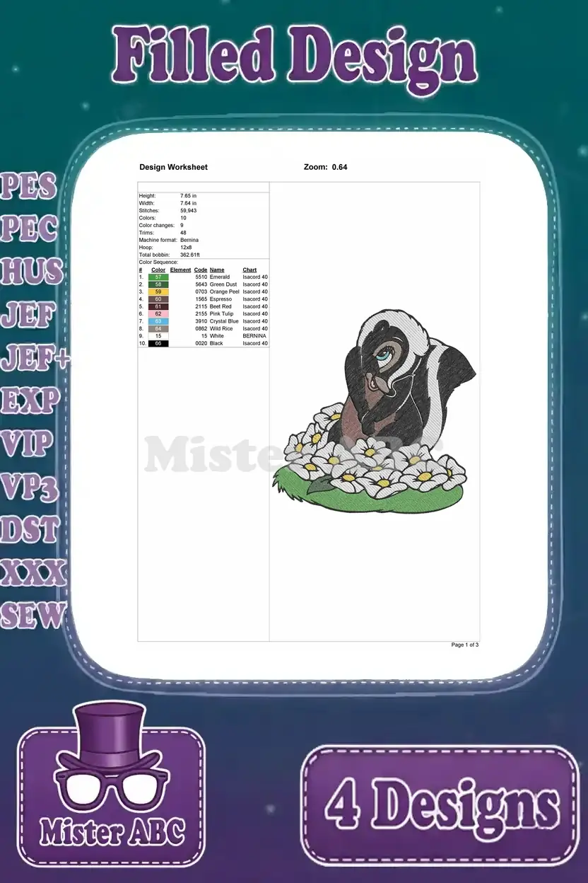 Detailed Design Worksheet for the first Flower skunk embroidery, showing dimensions, stitch count, and color sequence.