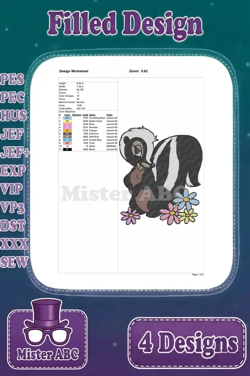 Detailed Design Worksheet for the third Flower skunk embroidery, with stitch count, size, and vibrant color chart.