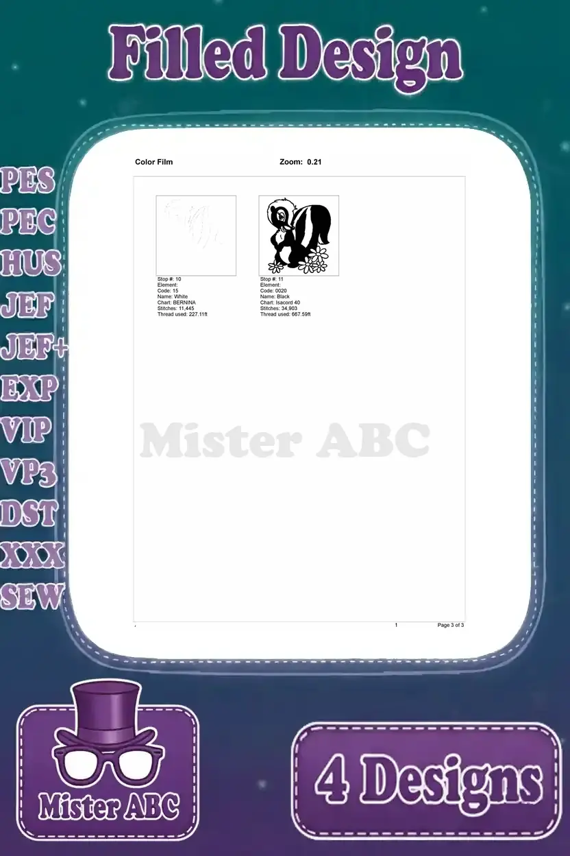 Concluding Color Film steps for the third Flower skunk design, focusing on Flower's body, stripes, and eyes.