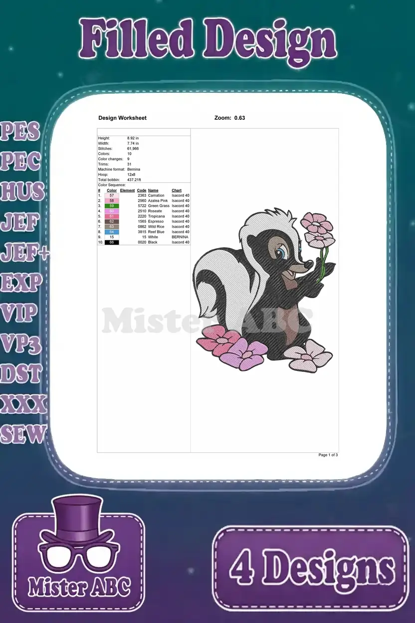 Comprehensive Design Worksheet for the fourth Flower skunk embroidery, including dimensions, stitches, and color sequence.