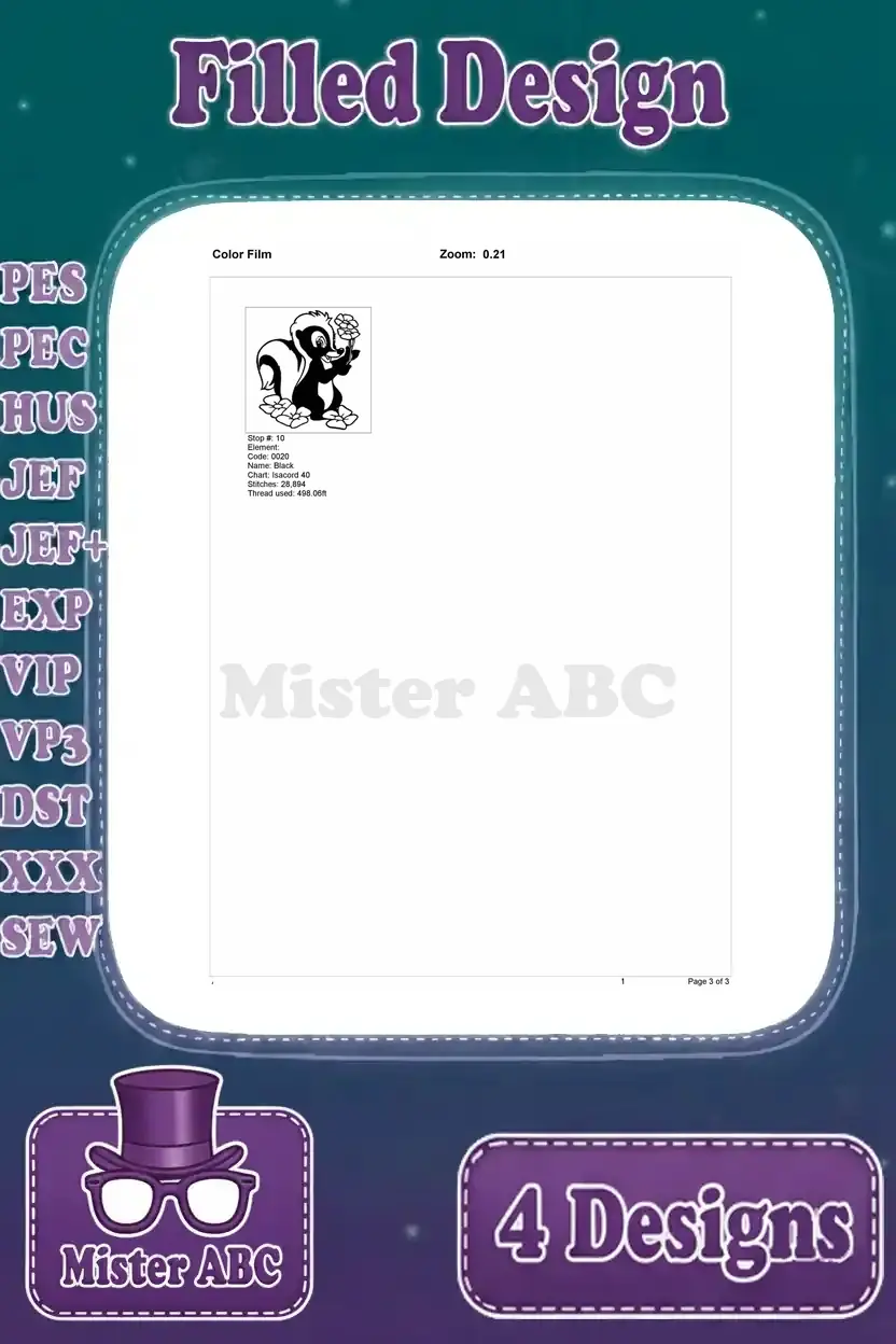 Concluding Color Film steps for the fourth Flower skunk design, detailing Flower's body, stripes, and facial features.