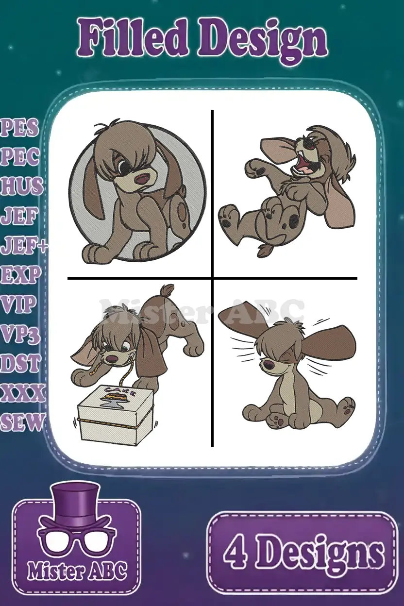 Four filled embroidery designs of Copper from Fox and the Hound in various playful poses, ideal for crafters.