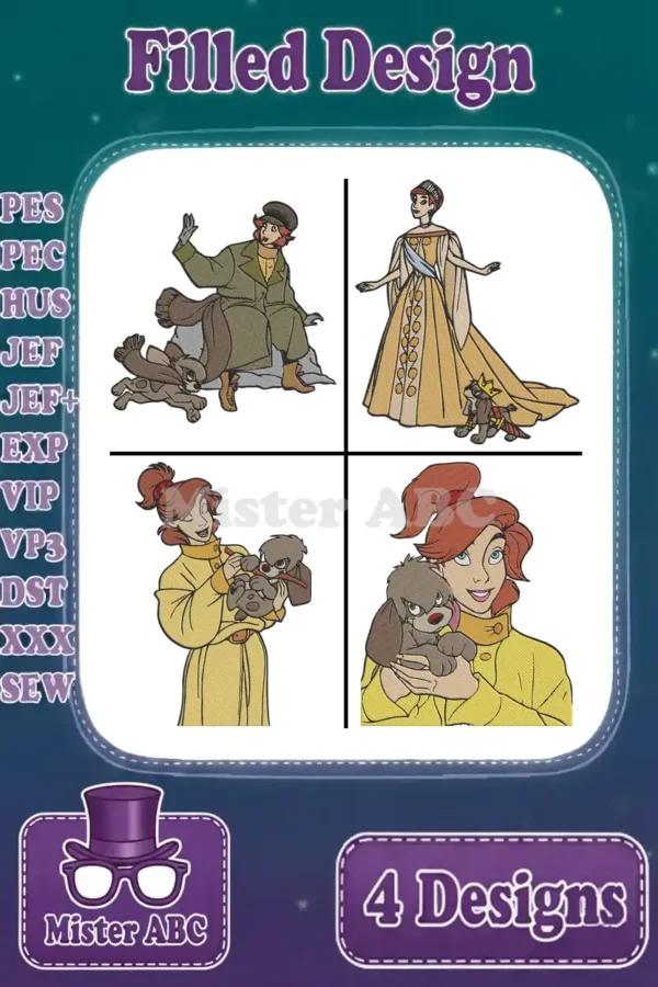 Main image displaying four filled embroidery designs of Anastasia and Pooka in various poses and outfits.