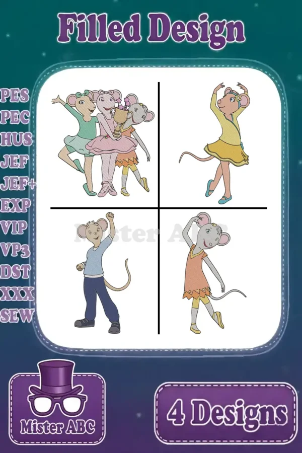 Main image displaying four separate filled embroidery designs of Angelina Ballerina characters, including Angelina, Alice, Gracie, and William.