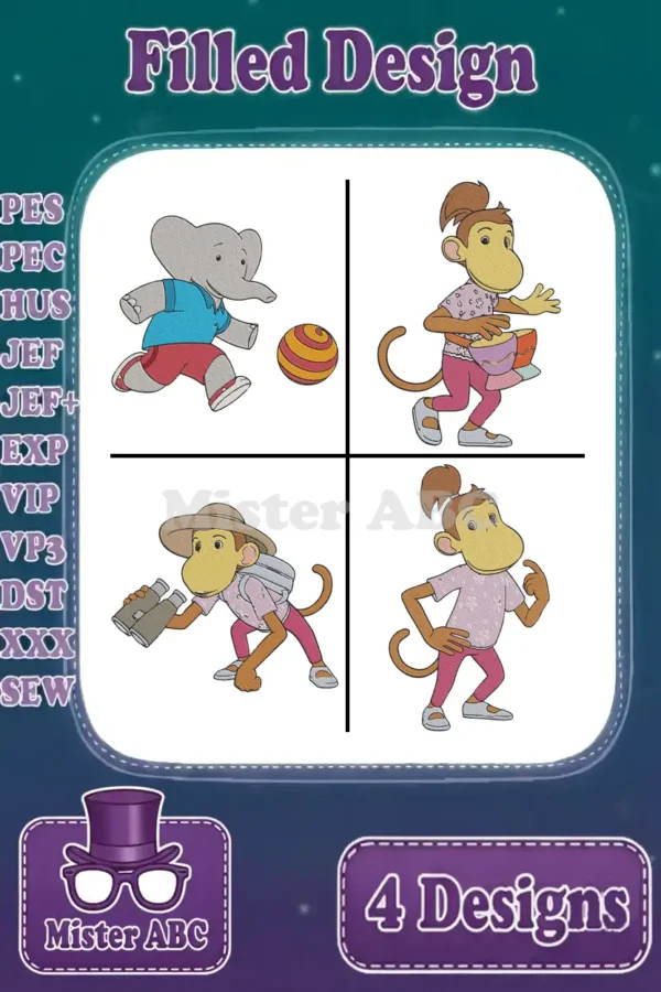 Four vibrant filled embroidery designs: a playful elephant, a drumming monkey, an explorer monkey, and a thoughtful monkey.