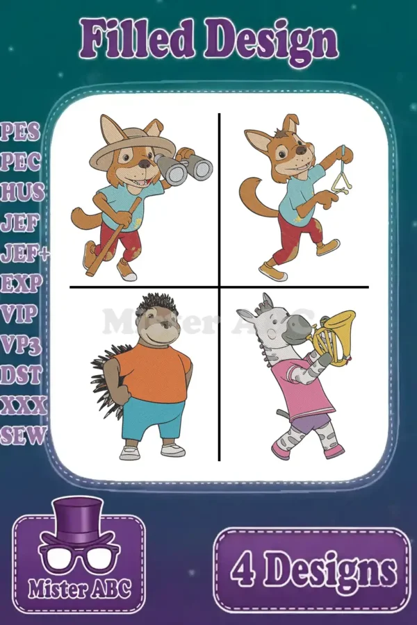 A vibrant main image showcasing four filled embroidery designs: a dog with binoculars, another with a triangle, a hedgehog, and a musical zebra.