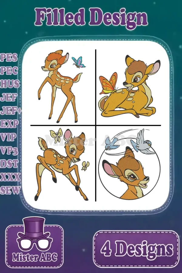 A captivating display of four unique Bambi filled embroidery designs, ready for various creative crafting projects.