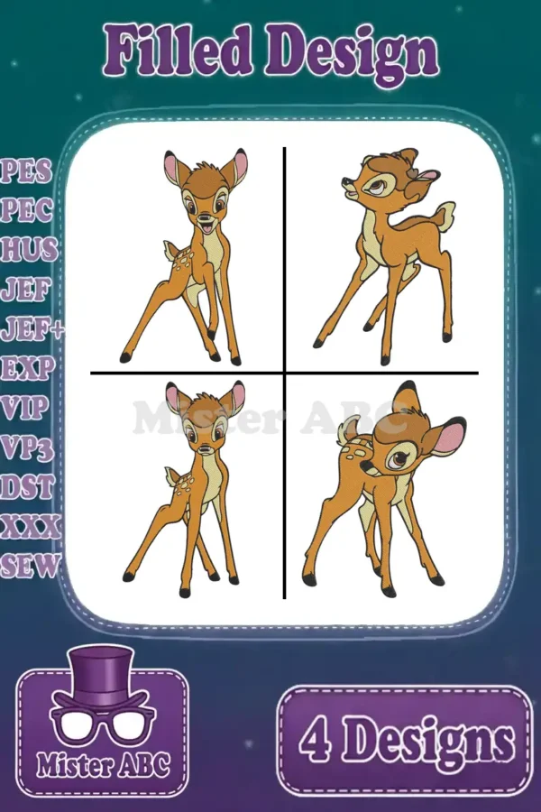 A collage of four unique Bambi filled embroidery designs, ready for various machine formats, displayed on a blue background.