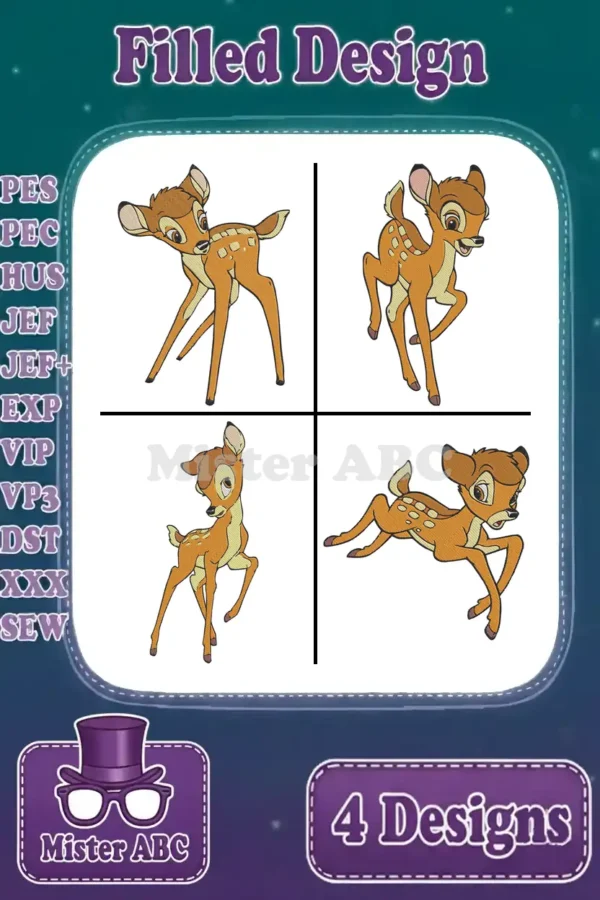 A vibrant display of four distinct Bambi embroidery designs in various charming poses, ready for digital download and crafting.