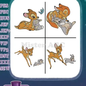 A vibrant collage of four filled embroidery designs featuring Bambi, Thumper, and a fox, showcasing various poses.