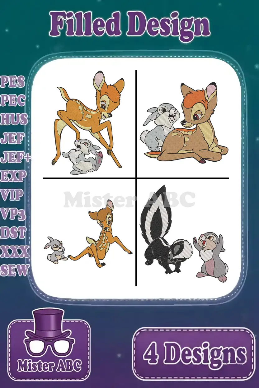 Four charming filled embroidery designs featuring Bambi, Thumper, and Flower, perfect for Disney fans and crafters.