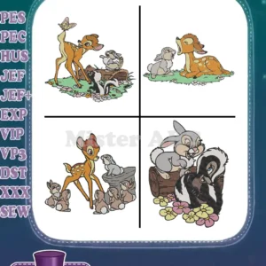 A vibrant embroidery bundle displaying four filled designs of Bambi, Thumper, and Flower. Multiple formats supported.