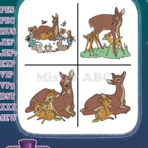 Four filled embroidery designs featuring Bambi, his mother, and forest friends, ready for various machine formats.