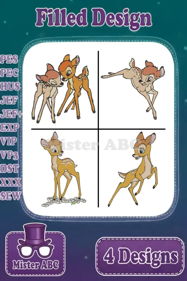 A vibrant display of four distinct Bambi filled embroidery designs, showcasing various poses for machine embroidery.