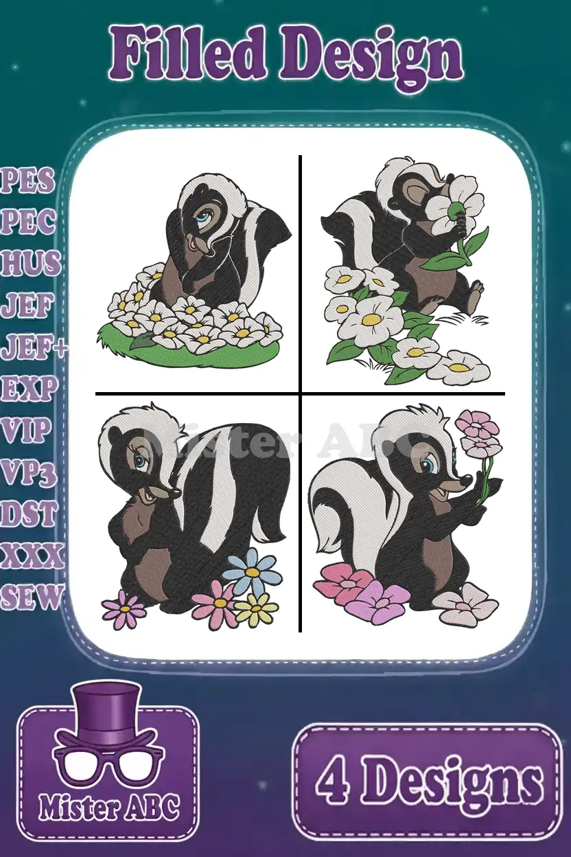A vibrant showcase of four filled embroidery designs featuring Flower the skunk with various charming floral accents.