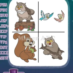 A vibrant display of four filled embroidery designs: an owl on a log, two flying birds, a squirrel with an acorn, and a resting owl.