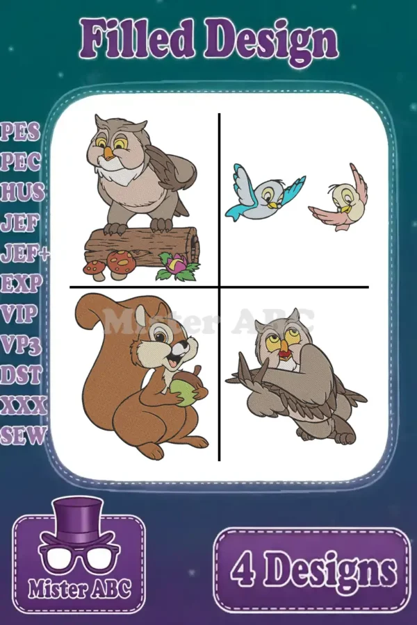 A vibrant display of four filled embroidery designs: an owl on a log, two flying birds, a squirrel with an acorn, and a resting owl.