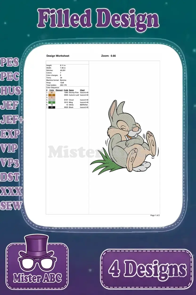 Design worksheet for the third Thumper design, depicting him happily lying on his side, with full specifications.