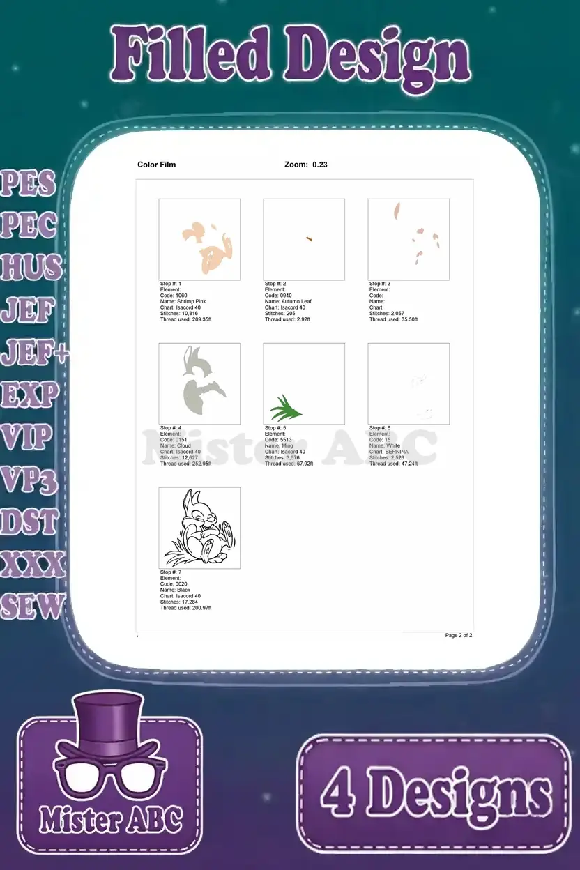Color film sequence for the third Thumper embroidery design, detailing each color stop and thread consumption.